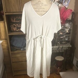 White V-Neck Drawstring Dress - Large